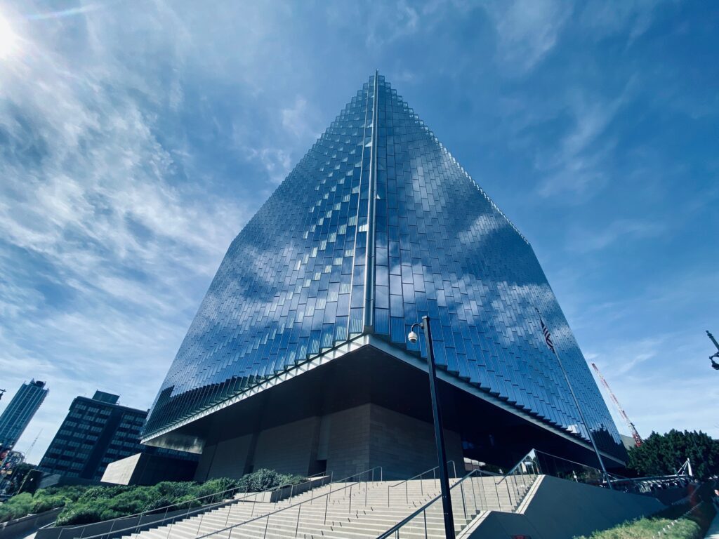 LOS ANGELES Federal Court House building, a reflective, glass cube-design in Downtown Civic Center area.