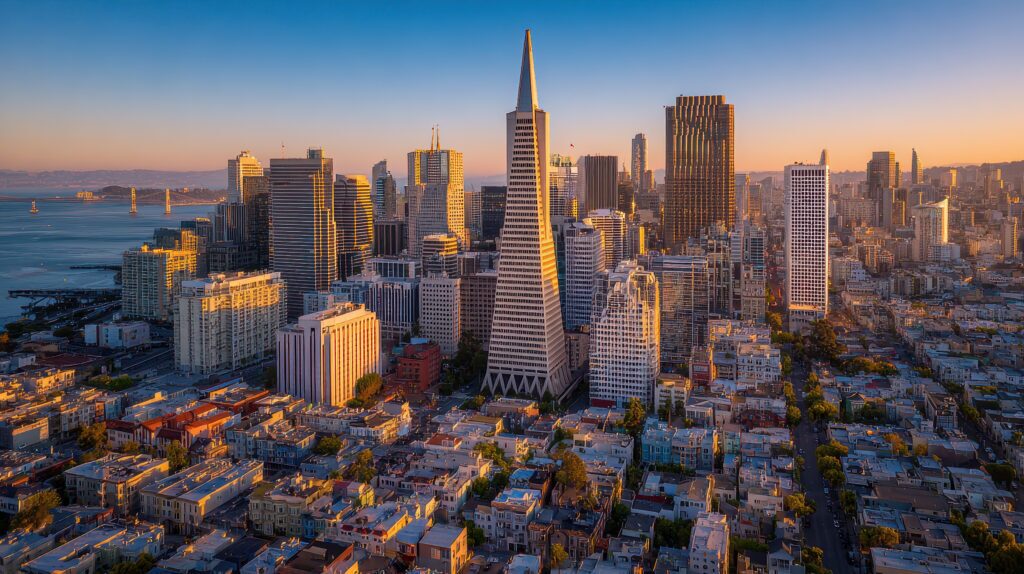 San Francisco city skyline at sunset panoramic view with iconic Transamerica Pyramid building and urban architecture along the bay waterfront in California